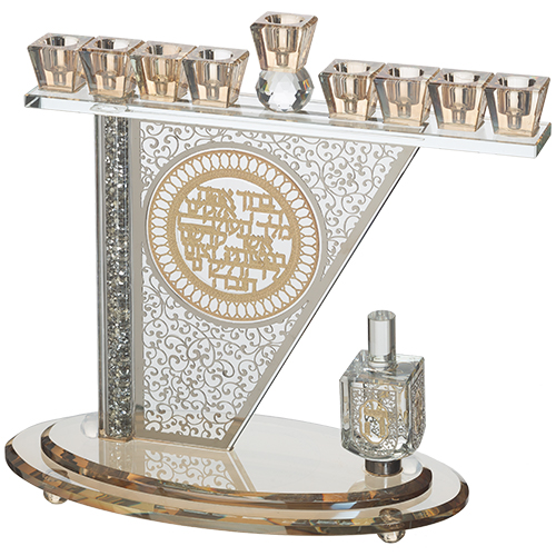 Crystal Menorah 28*27 cm with Metal Plaque and Stones