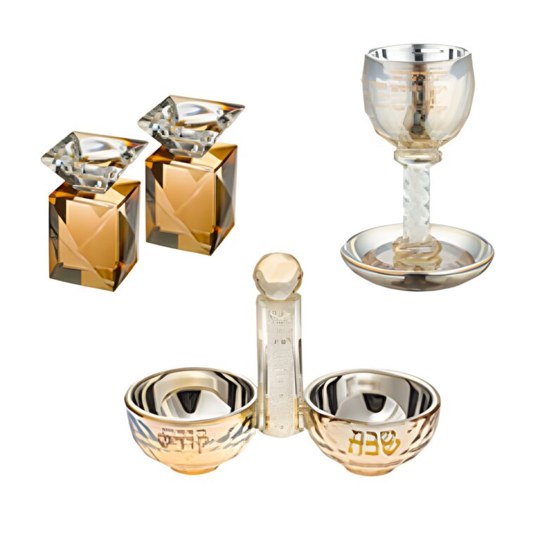 Crystal Set of Candlesticks ++ Kiddush Cup ++ Salt & Pepper Stand - Gold