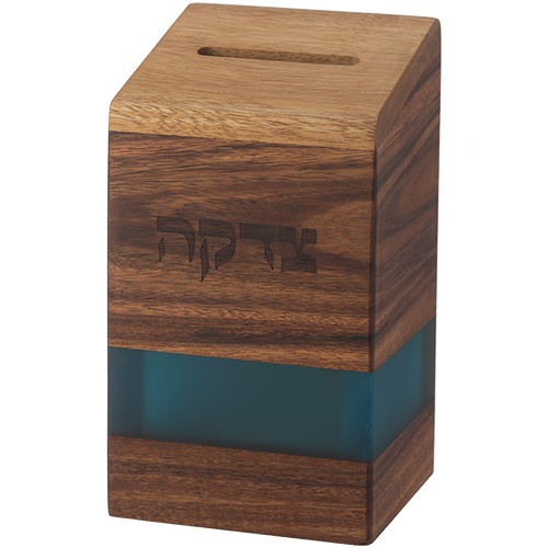 Wood Tzedakah Box with Turquoise Epoxy 14 cm