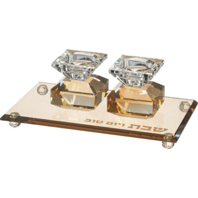 Set of Crystal Elegant Candlesticks and Tray - Gold