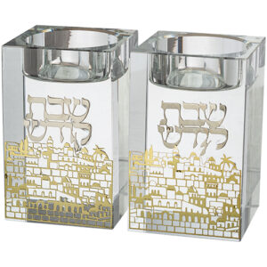 זוג פמוטי קריסטל מרובע עם פלקטה "ירושלים" 8 ס"מ