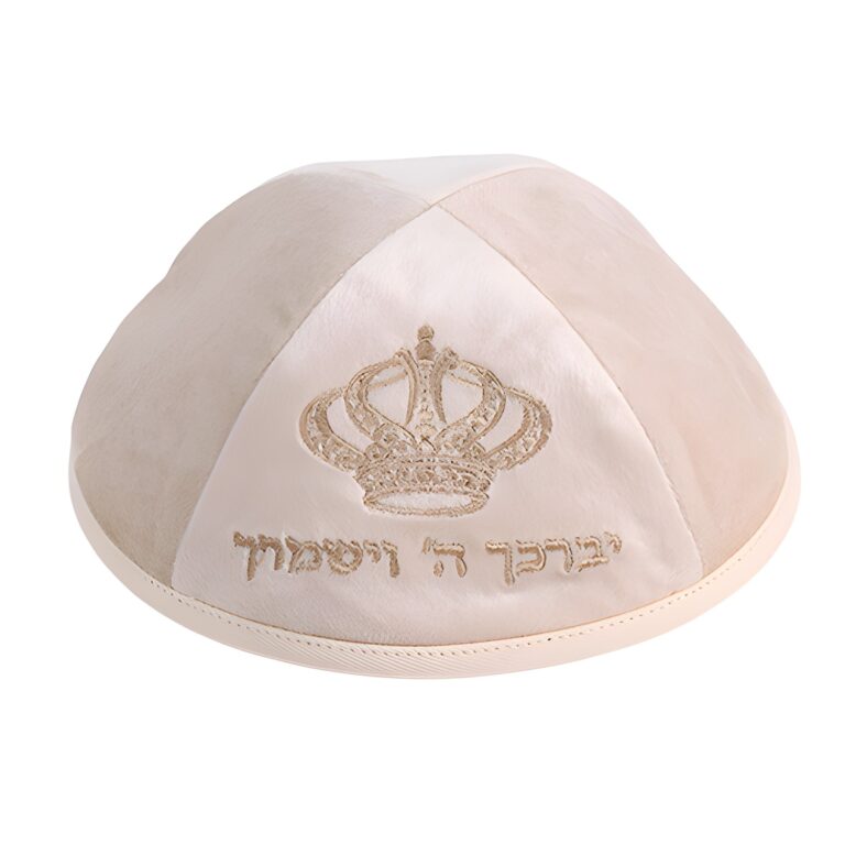 Velvet Kippah with Embroidery Size 4- Off White