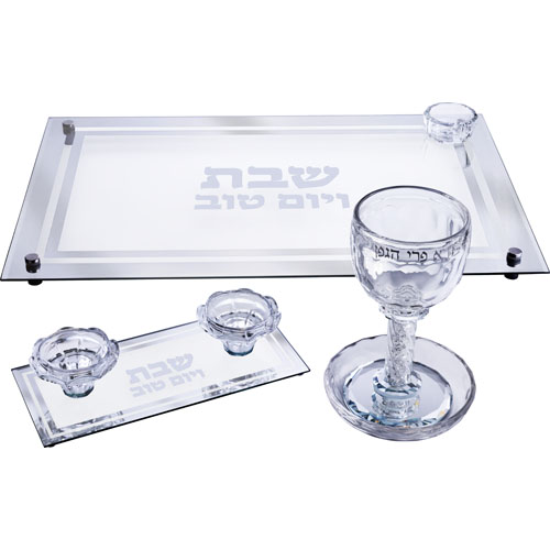 שש0708 סט גביע קידוש + פמוטים + מגש חלה מקריסטל