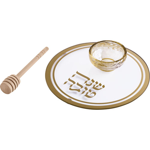 צלחת זכוכית לדבש עם הדפסה זהב 19 ס"מ