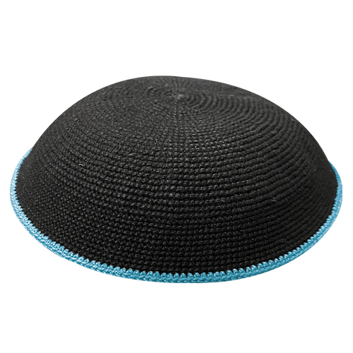 Knitted D.M.C Kippah 20cm - Sheer Black with light blue rim