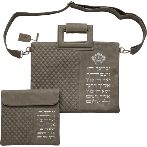 Leather Like Talit - Tefilin Set 36*29 cm with Bold Embroidery - Gray