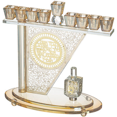 Crystal Menorah 28*27 cm with Metal Plaque and Stones