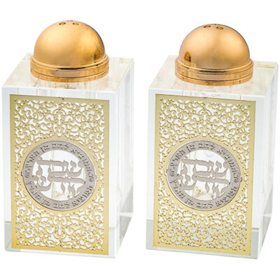 סט מחזיקי מלח ופלפל מזכוכית 8*4 ס"מ עם לוחית חיתוך בלייזר