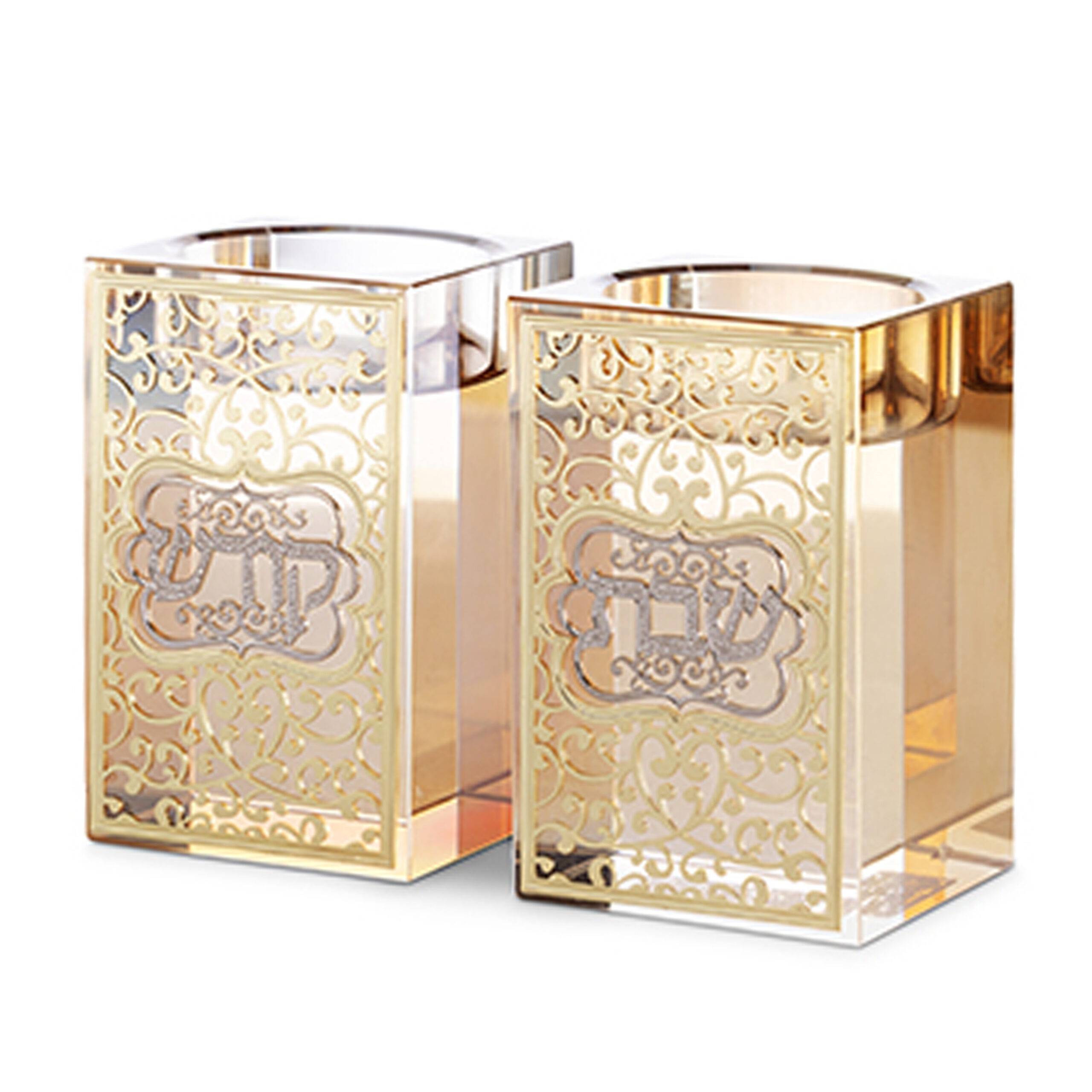 Crystal candlesticks with metal plaque