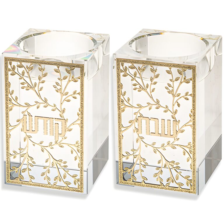 Crystal Candlesticks 7.5 cm with Metal Plaque- Leaves