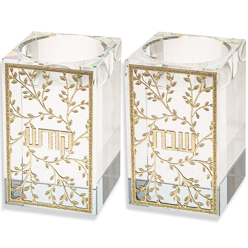 Crystal Candlesticks 7.5 cm with Metal Plaque- Leaves