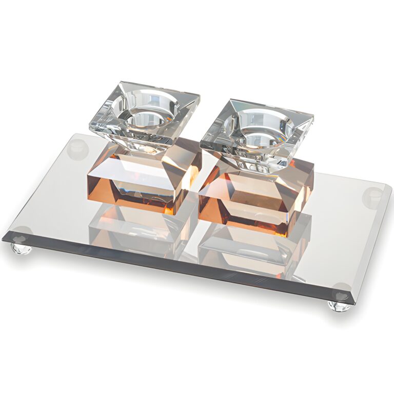 Crystal Tray with Crystal Elegant Candlesticks 7cm - Rose Gold