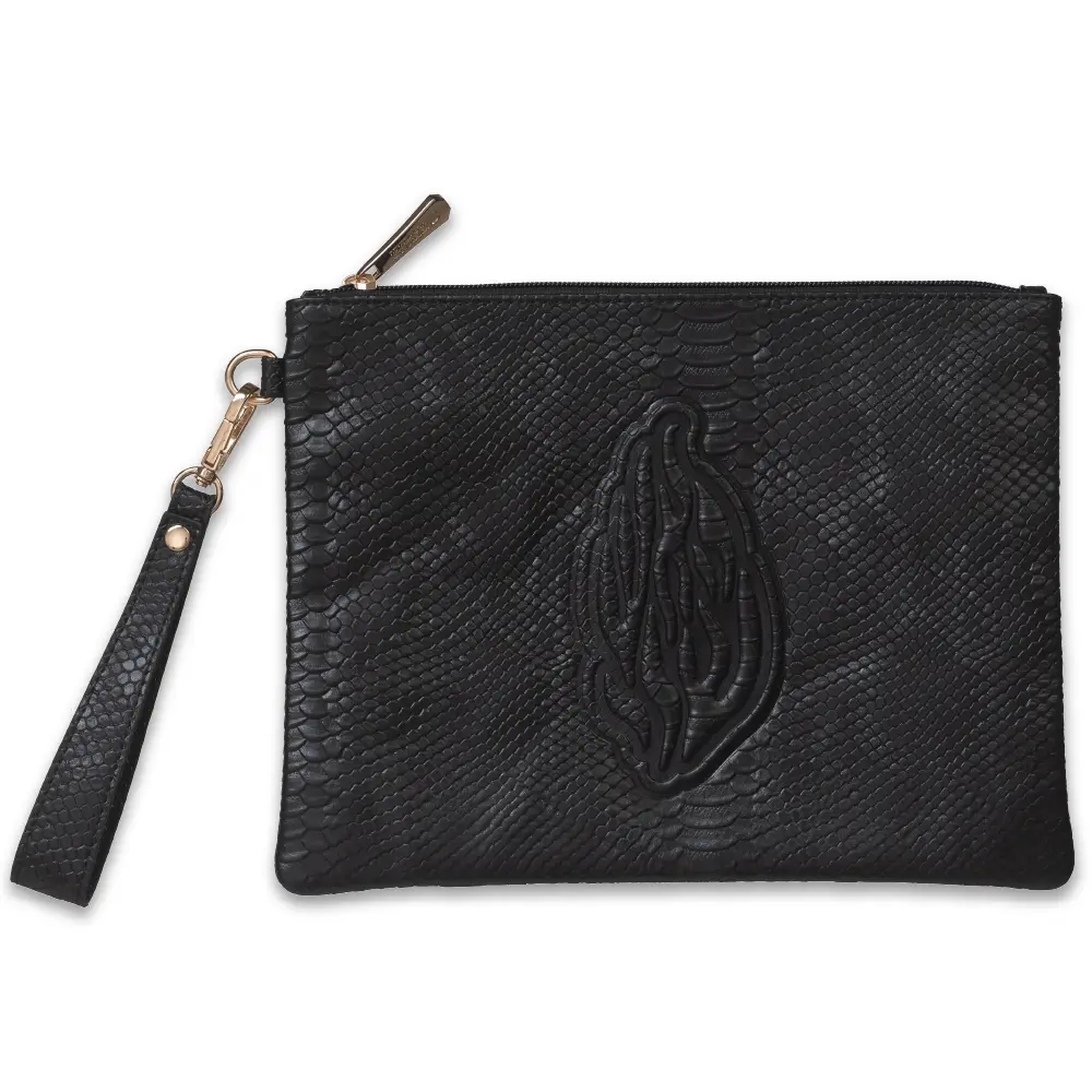 Leatherette Tefilin Clutch Bag with Embossed Logo 26.5x20.5cm - Black Snake-skin