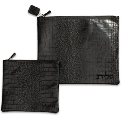 טלית ותפילין מעור סינטטי שחור - סט 39*31 ס"מ עם רקמה
