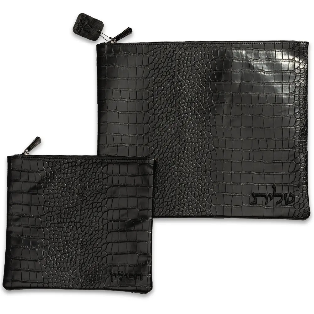 Black Leatherette Tallit - Tefillin Set 39*31 cm with Embroidery