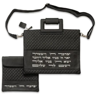 טלית ותפילין מעור סינטטי 36*29 ס"מ עם רקמה בולטת - שחור
