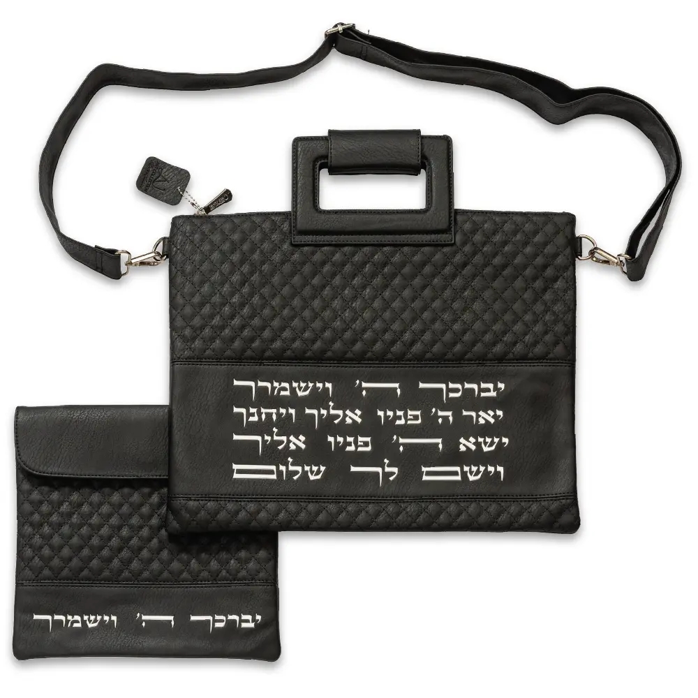 Faux Leather Talit - Tefilin Set 36*29 cm with Bold Embroidery - Black