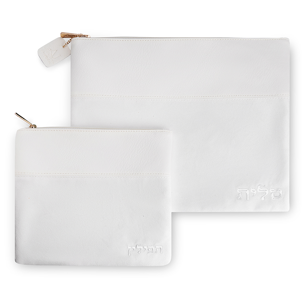 Leatherette Tallit - Tefillin Set 36*30 cm - White