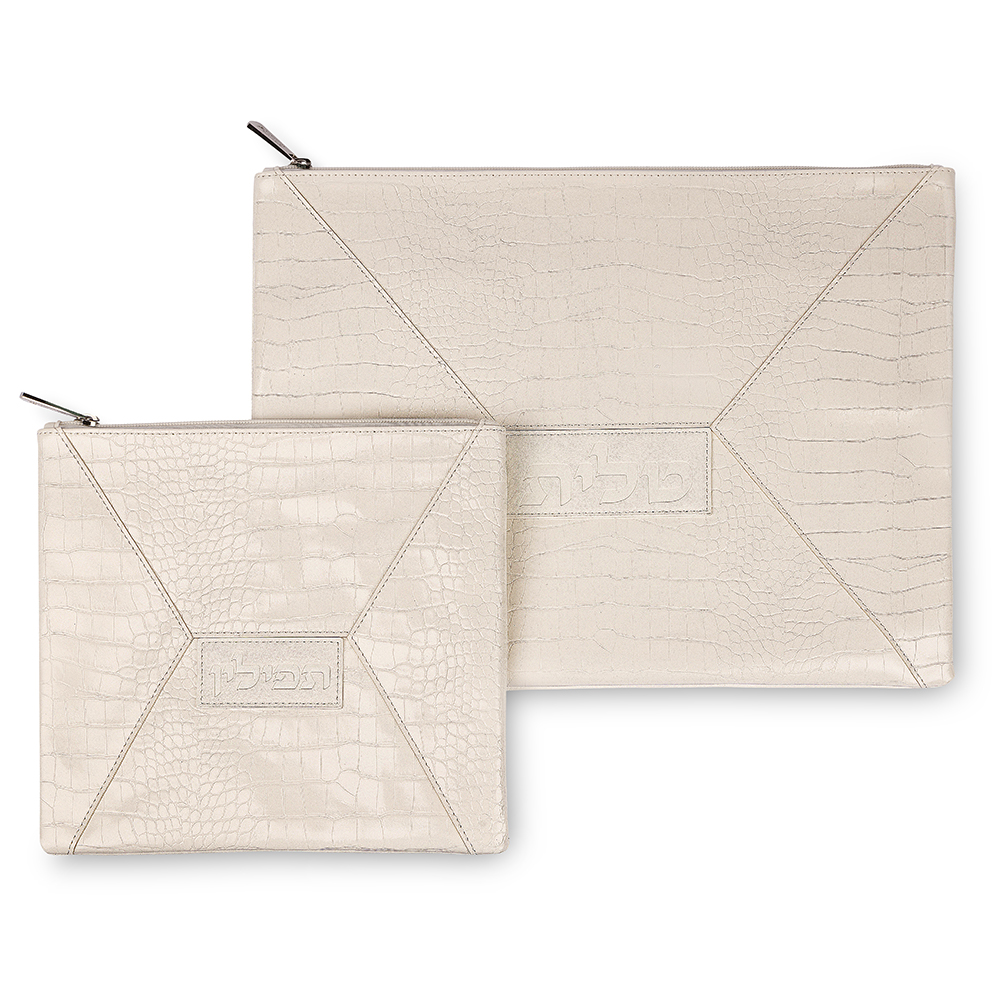 Leatherette Tallit - Tefillin Set 36x29 cm - White
